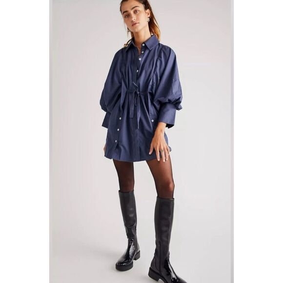Free People Christi Shirt Dress Navy Blue Size Large - Picture 1 of 10